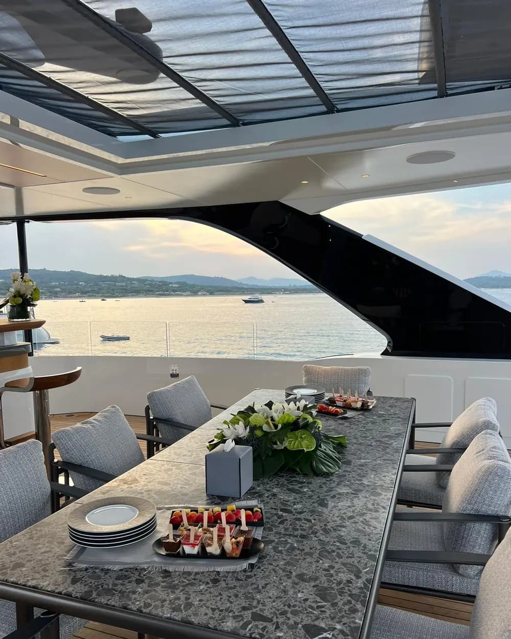 Chilled food and drinks laid out on board a yacht